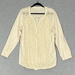 Style & Co Lace Front Top Button Up Long Sleeve Tee Sz XL Cream colour